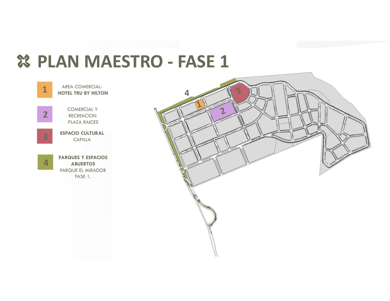 Plan maestro — Fase 1: Hotel Tru by Hilton, Plaza Raíces, espacio cultural/capilla y Parque El Mirador
